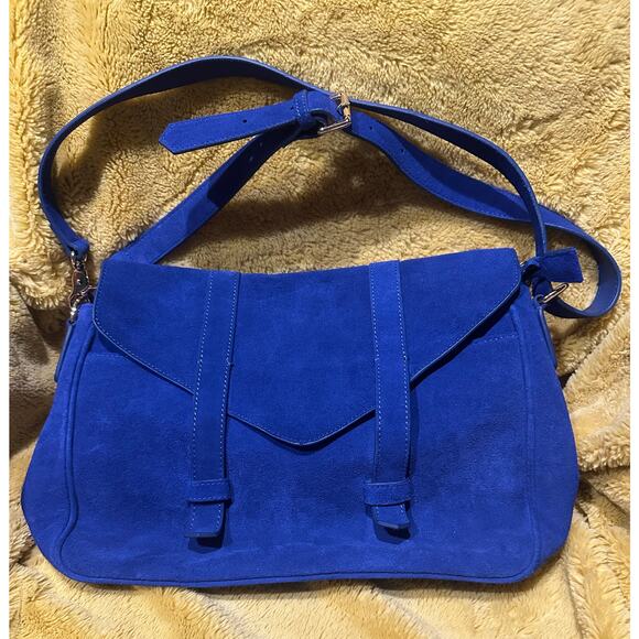 Violetta Italian Suede Crossbody Purse Messenger Blue Fold Over Adjustable Strap - Picture 1 of 10